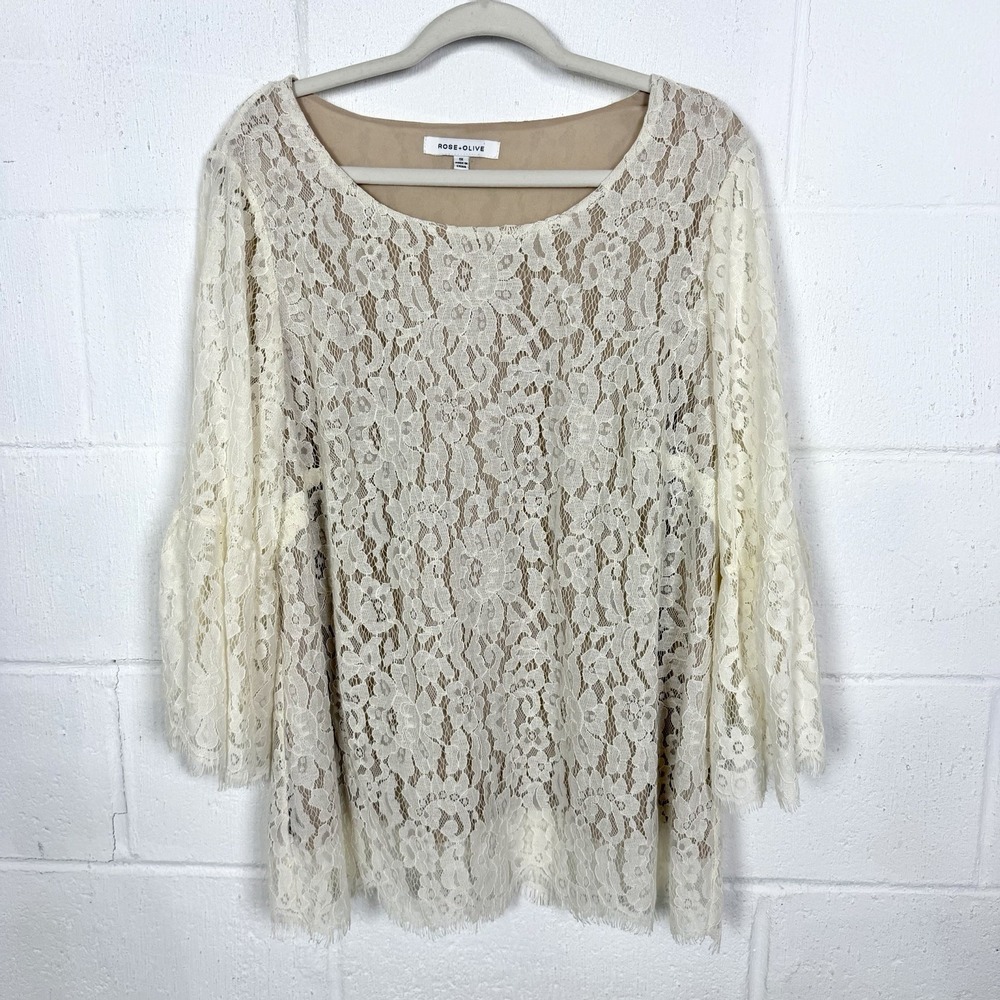Rose & Olive Lace Tunic Top Lined Flare Sleeves Fringe Boho Romantic Fairy SZ 1X